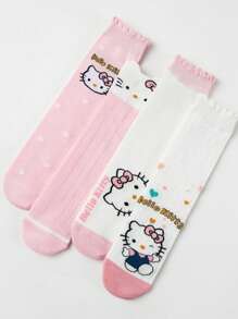 Sanrio 1Pair Sanrio Hello Kitty Women'S Knee-High Socks, 100% Polyester, Breathable Mesh, Cute Animal Pattern, Comfortable Knit Fabric, Long Tube Sports Socks,