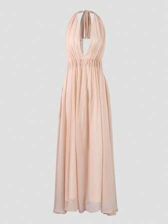 Elegant Sexy Women's Sleeveless Halter Chiffon Long Cocktail Dress With Flared Hem And Knot Detail Backless Design