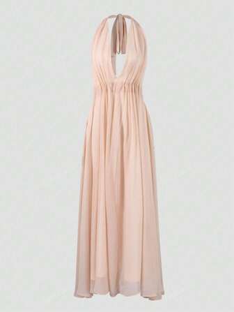 Sexy Chiffon Solid Color Lace-Up Halter Backless Maxi Dress, Suitable For Beach, Party, Ball, For Cocktail