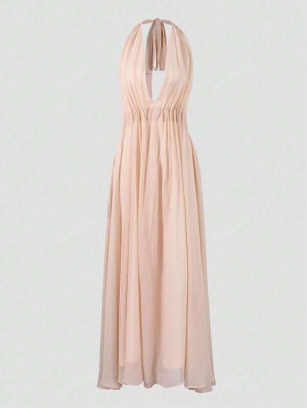 Sexy Chiffon Solid Color Lace-Up Halter Backless Maxi Dress, Suitable For Beach, Party, Ball, For Cocktail