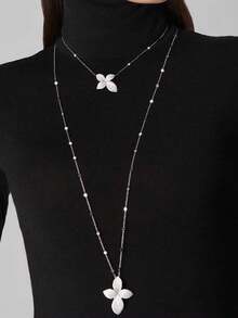 1pc Fashionable Floral Double Layer Crystal Rhinestone Pendant Long Necklace, Elegant Stage Accessories - Flower - View 1