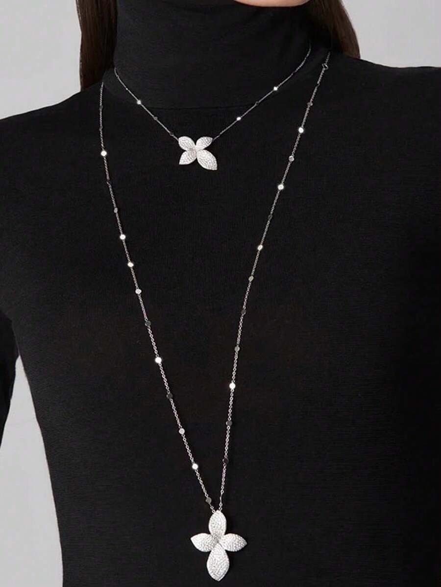 1pc Fashionable Floral Double Layer Crystal Rhinestone Pendant Long Necklace, Elegant Stage Accessories - Flower - View 1