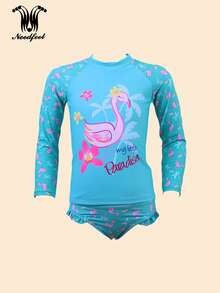 Traje de baño dividido con mangas largas para niñas, casual y adorable, adecuado para el verano. Set de dos piezas de traje de baño cartonístico con patrón de flamencos, anti - solar y cómodo. - Azul - Ver 1