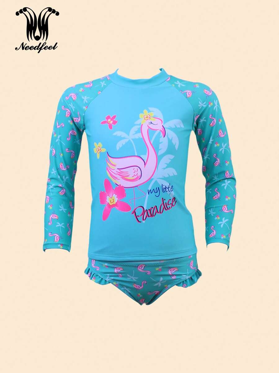 Traje de baño dividido con mangas largas para niñas, casual y adorable, adecuado para el verano. Set de dos piezas de traje de baño cartonístico con patrón de flamencos, anti - solar y cómodo. - Azul - Ver 1