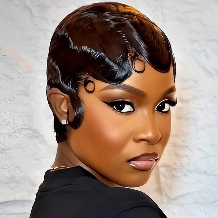 Elegant Deep Wave Pixie Cut Wig For Women 150% Density Finger Wave Brazilian Human Hair Full Machine Made With Rose Net Cap 1B Color For Daily & Party Wear