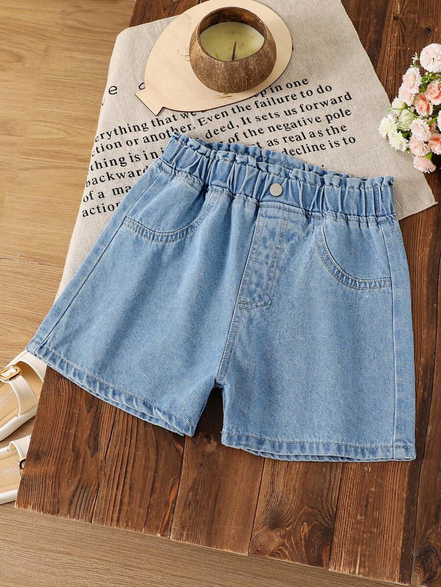 Tween Girls' Casual Street Outdoor Simple Mid-Blue Denim Shorts, Spring/Summer - Medium Wash - View 1
