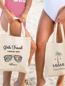 1PC Custom Printed Coconut Tree Pattern Letters Holiday Beach Bag Single Bag Beach Handbag Birthday Travel Party Bag Girls Suitable As Travel Gift Daily Party Return Gift Personalized Gift - Beige - View 4