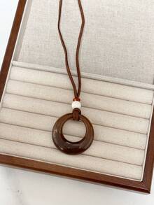 1PC Vintage Black Leather Cord Long Round Circle Pendant Necklace, Suitable For Women Daily Wear