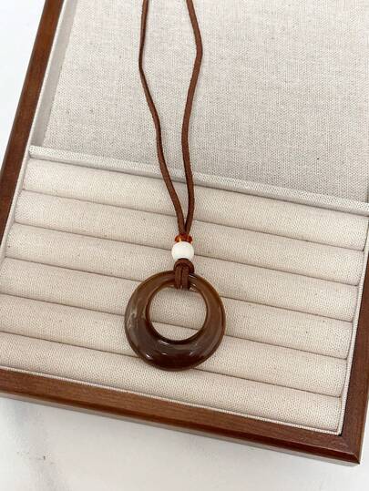 1PC Vintage Black Leather Cord Long Round Circle Pendant Necklace, Suitable For Women Daily Wear