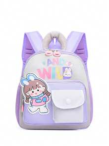 Mochila de nailon para niños con estampado de dibujos animados lindos y bloques de color, de gran capacidad y cierre con cremallera, versátil para viajes, vacaciones y uso diario. Mochila liviana y casual con múltiples bolsillos, ideal para estudiantes de jardín de infantes y primaria. - Rosa - Ver 14