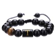 1pc Natural Black Agate 26 Letter Beaded Adjustable Braided Bracelet, Suitable For Various Occasions Like Festivals, Sports, Casual, Business Wear