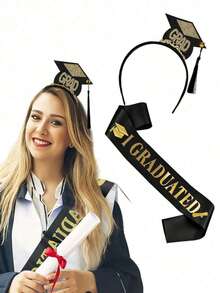 2pcs-Class Of 2025 Graduation Shoulder Strap & 'grad' Headband Set, Party Decoration,Graduation Headband And Shoulder Straps For Congrats Grad Party Supplies Bachelor Cap Headband With Doctoral Hat Black Sash Satin Tassels Tiaras For Graduation Party Dress Up Favor Photo,Holiday Festival Carnival Dress Up Party Supplies