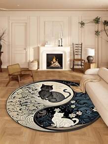 1pc Tai Chi Style Carpet, Black Cat And White Cat Pattern Large Carpet, Circular Floor Mat, Patterned Carpet, Area Carpet, Anti Slip Mat, Living Room Carpet, Bedroom Carpet, Entrance Carpet