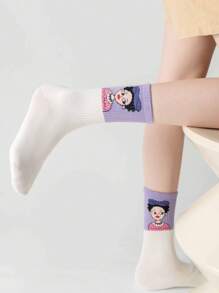 5 Pairs Unisex Assorted Color Cartoon Pattern Mid-Calf Fashionable Socks, Suitable For Daily Wear, Perfect Gift For Family And Friends