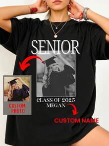 Customized Graduation Shirt, Personalized 2025 Graduation Photo T-Shirt, Customized Graduation Student T-Shirt, Personalized 2025 Family T-Shirt, Custom Senior Graduation Shirt, 2025 Class Uniform Shirt, Family Graduation T-Shirt, Comfortable Casual Tops For Spring And Summer - Black - View 1