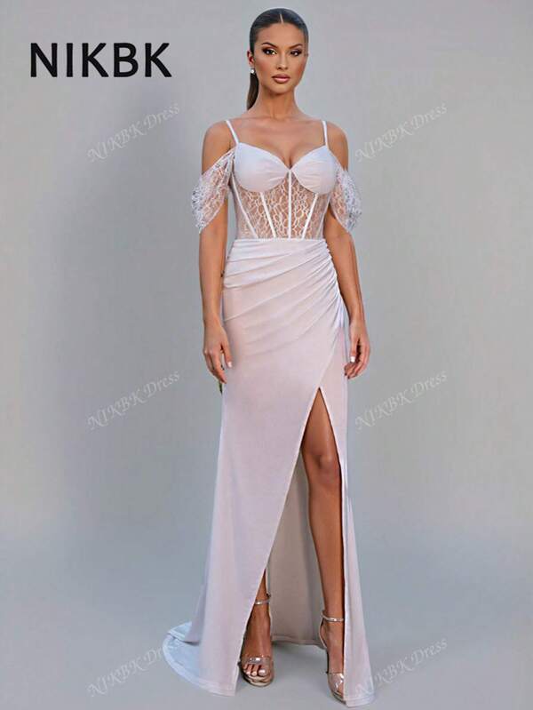 NIKBK Herbstkleidung in Große Größen oder Damen Herbst Damen Sommer Elegantes, sexy Reißverschluss Rüschen BH Cup Detail Spitze Abendkleid Weiß Hochzeit Bankett Dinner Kleid mit hohem Schlitz Abendkleid