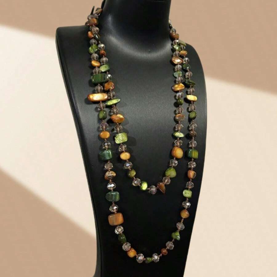 波西米亚风彩色贝壳玻璃多层长款毛衣链项链，欧美跨境热卖 - 綠咖混色 - 查看 1