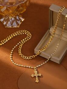 1pc Women Luxury Multi-Layer Cross Pendant Necklace, Copper Material Plated With 18K Gold, Showcasing Exquisite Elegant Style, Suitable For Men And Women, Ideal For Wedding, Party, Vacation And Other Occasions To Accentuate Your Look And Express Your Unique Taste And Graceful Demeanor - Gold - View 12