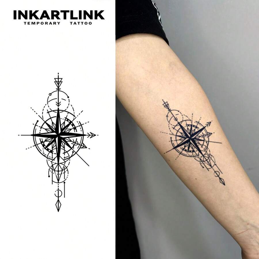 INKARTLINK Vintage Compass Temporary Tattoo | Octagonal Star + Nautical Totem | Waterproof & Long Lasting 1-2 Weeks | For Sailors/Adventurers