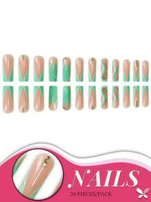 24 件长棺材按压式指甲套装，薄荷绿渐变波浪和金色水钻装饰，包含果冻胶和指甲锉，轻松涂抹，可重复使用，适合日常、派对和婚礼 - 綠色 - 查看 3