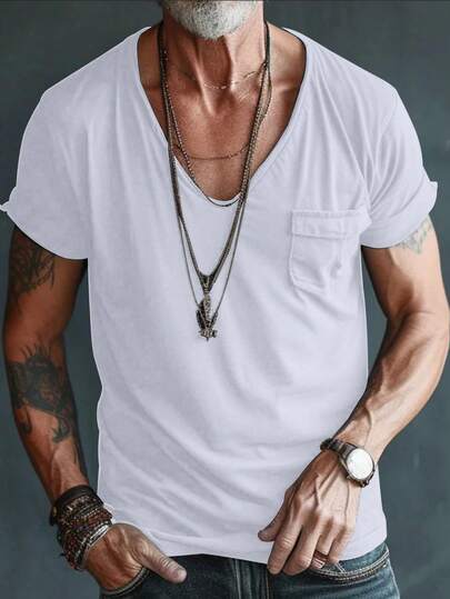 100% Cotton Casual Men's Short Sleeve V-Neck T-Shirt, Paired With American Style Shorts, Suitable For Travel, Vacation, Outdoor Camping