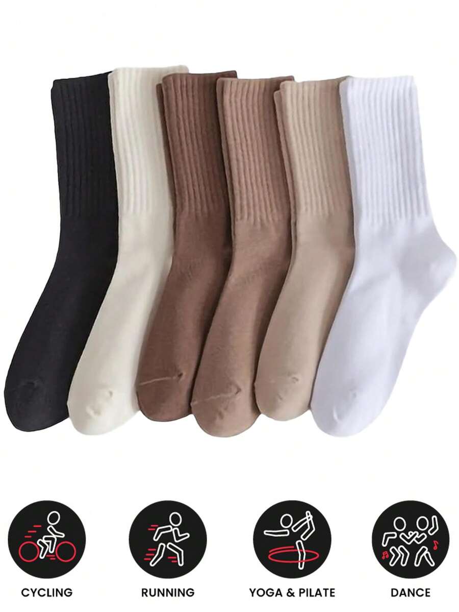 1/6/12 Pairs Women's Soft, Cute, Versatile Mid-Calf Socks For Sports, Hiking, Walking In Spring, Summer, Winter, 6 Colors - Multicolor - View 1