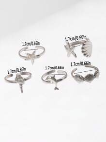 Juego de 5 anillos abiertos de acero inoxidable con diseños de vida marina como concha, estrella de mar y delfín, unisex