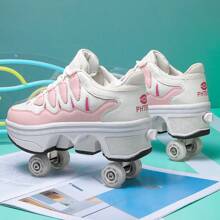 1 par de zapatos para patinar en línea con estilo deportivo y duraderos para adolescentes niños/niñas, con costuras en colores de contraste, rosa PU transpirable de caña baja para deportes al aire libre