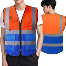 High Visibility Reflective Safety Vest With Pockets And Zipper Front, Neon Yellow, Meets ANSI/ISEA Standards