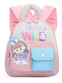 Mochila de nailon para niños con estampado de dibujos animados lindos y bloques de color, de gran capacidad y cierre con cremallera, versátil para viajes, vacaciones y uso diario. Mochila liviana y casual con múltiples bolsillos, ideal para estudiantes de jardín de infantes y primaria. - Rosa - Ver 13