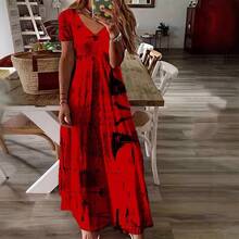 大码女式优雅新款花卉印花短袖连衣裙