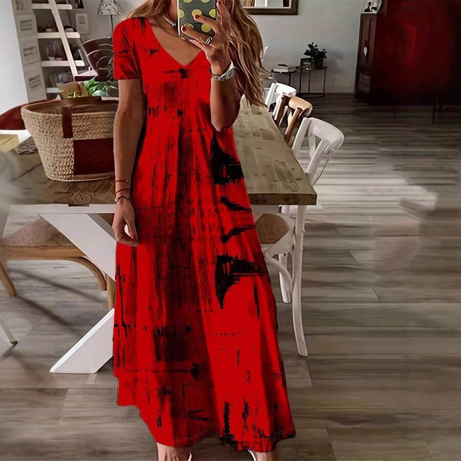 大码女式优雅新款花卉印花短袖连衣裙