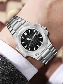 1pc Men's Silver Strap Fashionable Casual Business Bar Scale With Calendar Function Dial Quartz Watch For Daily Wear Or Holiday Gifts