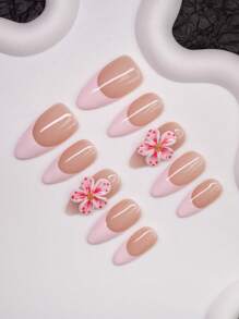 Spring/Summer Handcrafted Almond-Shaped Nail Tips In Y2K Girly Style, Available In Pink & Nude Colors With French Tips And Floral Decorative Elements, Suitable For Women And Girls, 10 Pieces/Set With 3 Size Options, Ideal For Parties, Galas And Everyday Wear, Includes Accessories Kit, Can Be Gifted To Women And Girls