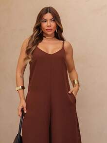 Women's Jumpsuit With Suspenders And Side Pockets, Casual Solid Color Jumpsuit, Elegant Jumpsuit, Tailored Women's Jumpsuit, Women's Suit Pants, Elegant Women's Jumpsuit - 鏽棕色 - 查看 6