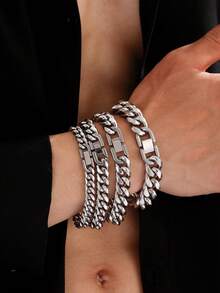 1 buah Gelang Rantai Logam Stainless Steel Desain Minimalis Tahan Pudar, Baja Titanium Tebal Gaya Vintage Modis Perhiasan Punk Cocok untuk Pria - Perak - View 2
