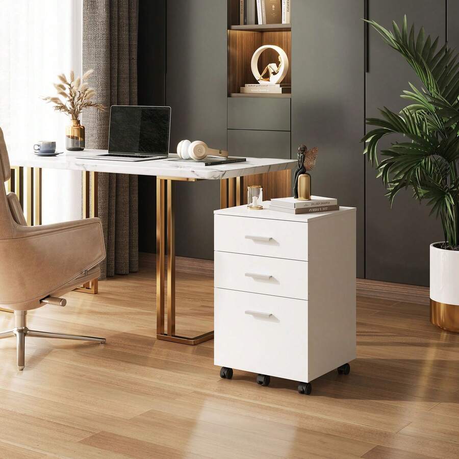 3-Drawer Wood Mobile Filing Cabinet, Rolling File Cabinet For Home Office, Fits Letter/A4 Size Files - White - View 1