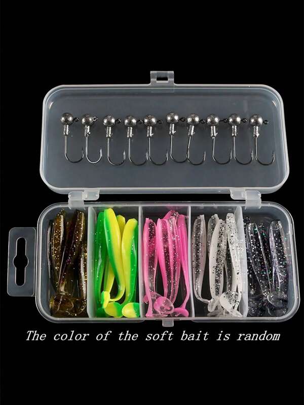 25 piezas de señuelos y 10 piezas de anzuelos en caja - cebo blando tipo percha, cebo de cola biónica tipo maggot, señuelos falsos con cabezal de plomo