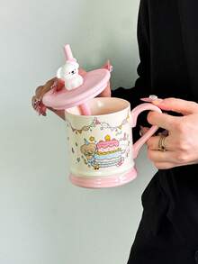 1 件陶瓷生日派对熊杯，可爱/漂亮的韩式水杯，粉色手柄咖啡杯，卡通手绘杯，适合作为生日礼物、老师/同学礼物，可放入微波炉和洗碗机
