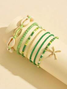 7pcs/Set Women Beach Vacation Seashell Starfish & Rice Bead Bracelets Boho Style Bangles