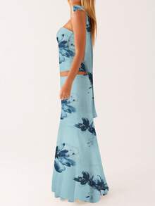 2 Piece Skirt Sets For Women Summer Sleeveless Tank Crop Tops And Bodycon Maxi Long Skirts Y2K Vacation Outfits Casual Going Out Matching Set - Màu xanh bụi bặm - Xem 3