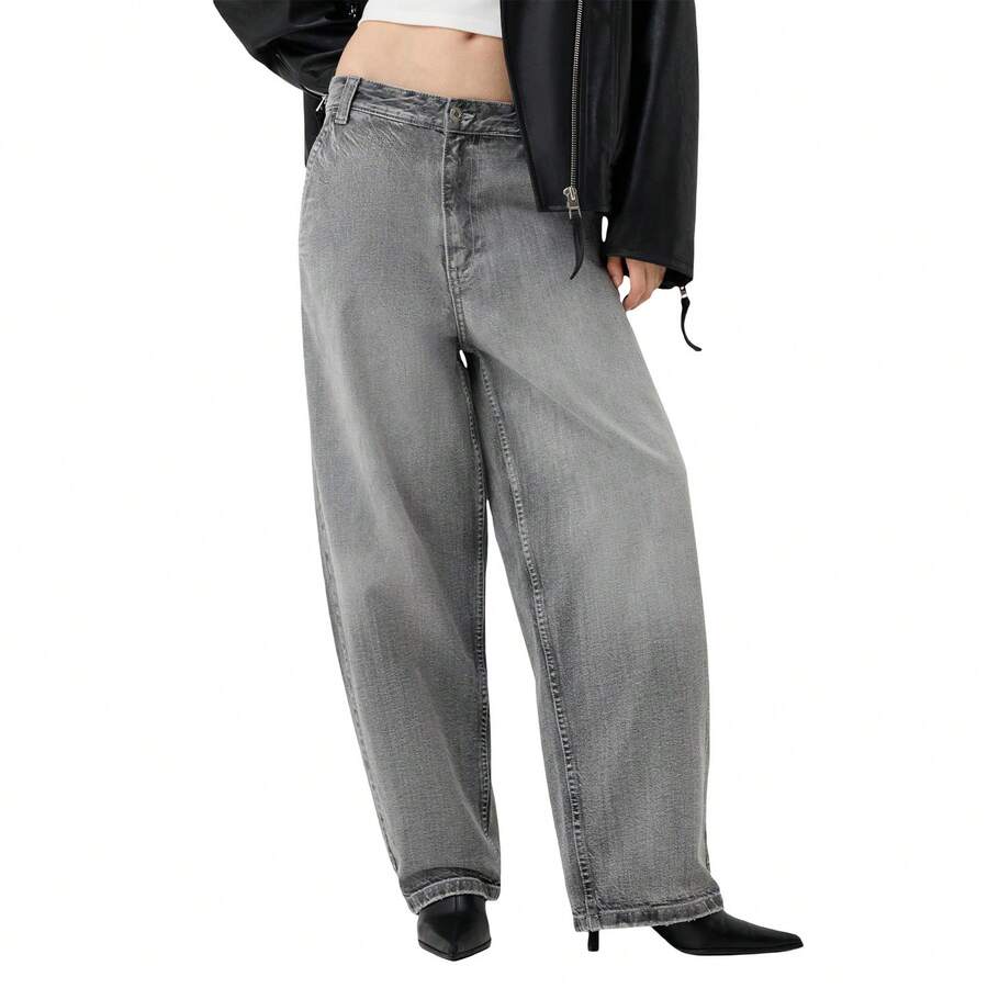 Womens Barrel Jeans Fashion Low Rise Wide Leg Boyfriend Denim Pants Baggy Trousers With Pockets - Grey - View 1