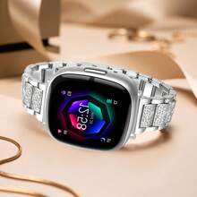 Bling Crystal Fitbit Band For Women - Rhinestone Metal Strap Compatible With Versa 3/4 & Sense 1/2 - No-Tool Adjustable Elastic Bracelet - Wedding, Cocktail, Evening Party Jewelry Watchband