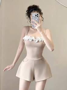 女士休闲日常荷叶边连体裤，夏季，女士生日服装，度假，返校 - 卡其色 - 查看 2