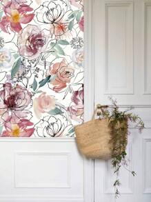 17.32*393.7 Inch /17.32*118.11 Inch Hand-Painted Watercolor Flower Renovation Furniture Covering Sticker White Self-Adhesive Wallpaper PVC Waterproof Floral Removable Home Decoration Pink Peel And Stick Wallpaper