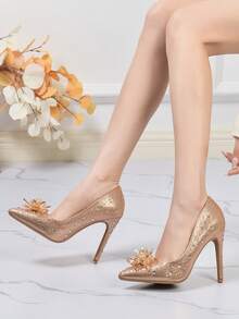 Women's Exquisite And Gorgeous Rhinestone Flower Decoration High Heels - Champagne - View 1