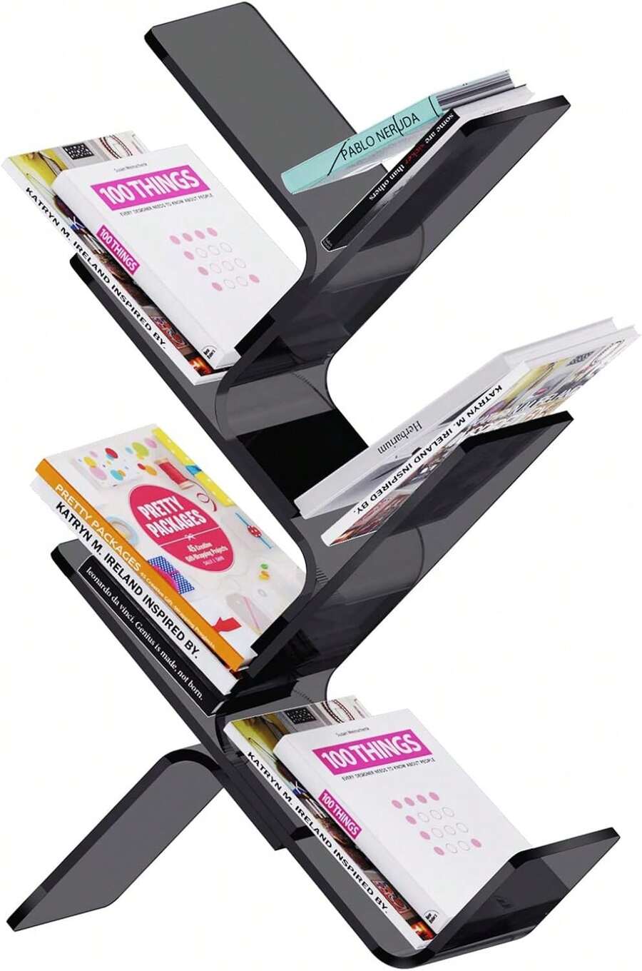 Solaround Acrylic Tree Bookcases Modern Clear Bookshelf Standing Bookcase Tree Organizer Decorative Storage Rack (Clear, 24.4'' X 7.9'' X 36.2'') - Black - View 1
