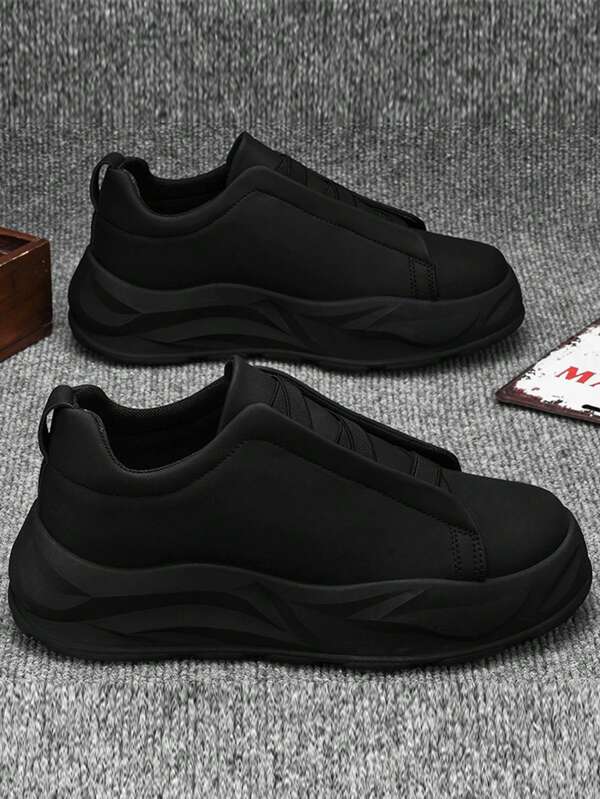 Men's Casual Sneakers 2025 New Thick Bottom Elevator Anti-Slip Wear-Resistant Low-Top Round Toe Slip-On Soft Bottom Soft PU Leather Waterproof Oil-Proof Men Small Leather Shoes Solid Color Daily Commute Versatile Fashion Plain Low-Top Flat Shoes