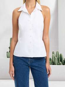 Women's Button Down Shirt Casual Stylish Solid/Striped Turn Down Collar Sleeveless Halter Tank Tops For Summer - 白色 - 查看 2