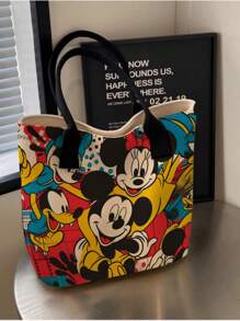 Disney قطعة واحدة (مرخصة من ديزني) حقيبة قماشية بيج بتصميم كارتوني بسيط وأنيق تضم شخصيات ستيتش وميكي ماوس وأميرات ديزني وبلوتو، حقيبة يد محمولة للبنات